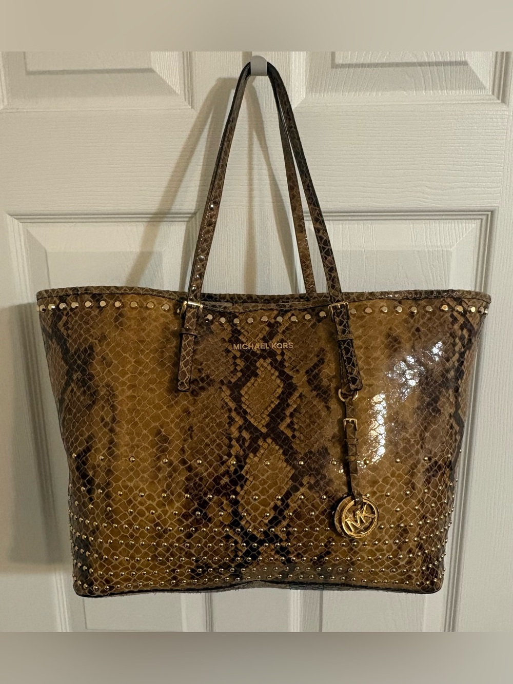 Vintage MICHAEL KORS, Delancy Python Embossed Leather Gold Studded Large Tote